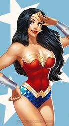 1girls amazon big_breasts black_hair blue_eyes breasts clothes dc dc_comics diana_prince earrings female female_only gunnergurl long_hair red_lips red_lipstick salute smile solo text tiara url watermark wonder_woman wonder_woman_(series)