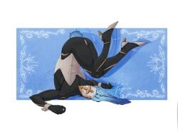 aroused blue_bunny_ears bunny_boy bunny_ears bunny_tail bunnysuit gabriel_(ultrakill) gold_(metal) heels male muscular muscular_male ultrakill upside-down white_bunnysuit white_heels