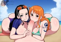 2girls 2girls1boy ai_generated beach big_ass big_breasts bikini black_hair brown_eyes double_fellatio fellatio glasses green_eyes huge_ass huge_breasts nami_(one_piece) nico_robin one_piece orange_hair skirt teasing teasing_penis threesome