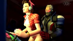 1boy 1girls 3d age_difference alternate_costume animated arcade areolae asian blender blizzard_entertainment bottomless breasts brown_hair clothing cruiser_d.va d.va female footwear from_behind hana_song human its-gergless jewelry joystick long_hair loop male nipples no_sound overwatch playing_games sex soldier_76 straight video video_games