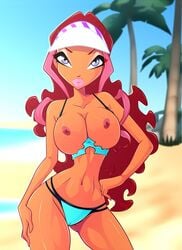 1girls aisha_(winx_club) areola beach bikini bimbo breasts brown_hair cameltoe cap cleavage dark-skinned_female dark_skin erect_nipples female hourglass_figure layla_(winx_club) nipples rainbow_(animation_studio) tagme teenager visor voluptuous winx_club zfive