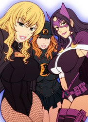 3girls belt birds_of_prey black_canary black_hair blackhawks blonde_hair chiba_toshirou dc dc_comics dinah_lance domino_mask emblem female female_only fishnets green_arrow_(series) hat helena_bertinelli huntress_(dc) jacket lady_blackhawk leotard mask multiple_girls navel_cutout orange_hair peaked_cap skirt thigh_strap trio uniform utility_belt zinda_blake zipper_pull_tab