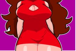 accurate_art_style auburn_hair big_breasts boob_window breasts cute dress erect_nipples female fnf friday_night_funkin girlfriend girlfriend_(friday_night_funkin) no_artist no_bra no_face purple_background red_dress tagme thick_thighs