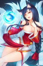 1girls ahri animal_ears asian_clothing bare_shoulders black_hair braid breasts cleavage detached_sleeves facial_mark female female_only fox_ears fox_tail fur furry_tail highres humanoid kerasu korean_clothing large_breasts league_of_legends long_hair looking_at_viewer low_neckline multi_tail multiple_tails open_mouth ricegnat single_braid smile solo tail tongue tongue_out very_long_hair whisker_markings yellow_eyes