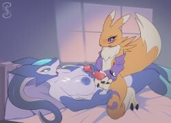2025 absurd_res ambiguous_species anthro areola armwear bandai_namco bed big_breasts blue_eyes blush bodily_fluids breasts chest_fur claws clothing cum cum_in_mouth cum_inside cum_on_body cum_on_breasts digimon digimon_(species) digiphilia digital_media_(artwork) duo ejaculation elbow_gloves eye_contact fangs female fur furniture genital_fluids genitals gloves handwear hi_res interspecies kneeling knot knotted_penis living_tail looking_at_another looking_at_partner lying male male/female masturbation multicolored_body night on_back on_bed open_mouth penis penis_grab pillow pupils purple_areola quinto rasha renamon rubbing rubbing_penis simple_background sitting_on_another sitting_on_partner slit_pupils tail tail_head teeth thick_tail thick_thighs unknown_species unusual_anatomy unusual_tail white_body yellow_body yellow_fur yin_yang