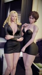 3d adnarimydeth blonde_hair brown_hair busty capcom dress drill_hair female female_focus female_only hourglass_figure karin_kanzuki long_hair pixie_cut sakura_kasugano street_fighter street_fighter_v wide_hips yuri