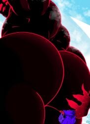 avian avian_humanoid bara beefy_demon_acc big_ass bubble_butt corviknight crow demon ethan_(beefy_demon_acc) from_below from_below_view gay giant grabbing_own_ass looking_at_another looking_down macro muscular muscular_male original_characters pokemon_(species)