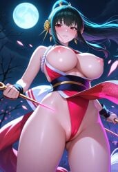ai_generated areolae big_breasts breasts_out_of_clothes fatal_fury full_moon gluteal_fold holding_object illustrious_(stable_diffusion) king_of_fighters kunoichi mai_shiranui_(cosplay) night nipples partially_visible_vulva ponytail self_upload snk spy_x_family stable_diffusion yor_briar yor_forger