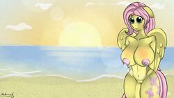 anthro areola big_breasts breasts equine erect_nipples female fluttershy_(mlp) friendship_is_magic lactation malamol mammal milk my_little_pony nipples nude pegasus pussy solo straight_hair wings