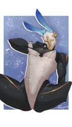 aroused blue_eyes bunny_ears bunnysuit gabriel_(ultrakill) golden_tattoo helmet nervous open_legs sensitive sensual spread_legs sweatdrop trans_male ultrakill