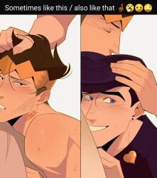 2boys anal diamond_is_unbreakable emoji english_text gay hair_pull head_on_another's_chest hugging hugging_another implied_penetration implied_sex jojo's_bizarre_adventure jojoxim josuke_higashikata male male/male male_only meme nopormix rohan_kishibe sometimes_like_this_also_like_that text yaoi