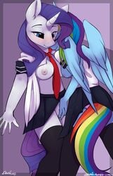 against_wall anthro anthrofied areola blue_eyes blue_hair blue_skin breasts daxhie duo equine female fingering friendship_is_magic hair half-closed_eyes horn horse indoors looking_down mammal multicolored_hair my_little_pony nipples open_clothes open_shirt pony pussy pussy_juice rainbow_dash_(mlp) rainbow_hair rarity_(mlp) shirt smile thighhighs white_skin wings yuri