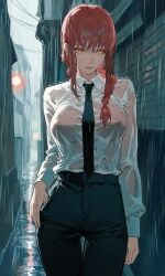 ai_generated black_pants chainsaw_man covered_nipples large_breasts makima_(chainsaw_man) necktie nipples nipples_visible_through_clothing orange_eyes raining red_hair see-through_shirt transparent_clothing wet wet_clothes