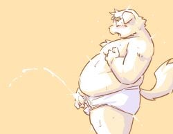 2025 anthro belly big_belly bodily_fluids canid canine canis closed_eyes clothing cum domestic_dog ejaculation genital_fluids kemono male male_only mammal masturbation moobs namihira_kousuke overweight overweight_male simple_background solo takagi_kyou trouble_(series) underwear
