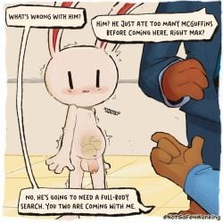 absurd_res airport_security anthro ass balls bodily_fluids brown_body canid canine canis clothing digital_media_(artwork) domestic_dog duo english_text fur genitals hi_res lagomorph leporid male mammal max_(sam_and_max) notsafeforwanking object_in_ass penetration penis presenting presenting_penis public rabbit sam_and_max samuel_dog simple_background solo text white_body
