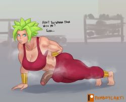 abs arm_behind_back balls barefoot blue_eyes breasts bulge crop_top dragon_ball dragon_ball_super english_text exercising female femboycarti foreskin futanari green_hair grey_background highres intersex kefla_(dragon_ball) large_breasts large_penis looking_at_viewer midriff muscular muscular_female pants penis push-ups saiyan spiked_hair super_saiyan testicles toes