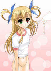 blonde_hair bottomless censored cum cum_in_mouth cum_string female gym_uniform heterochromia highres long_hair lyrical_nanoha mahou_shoujo_lyrical_nanoha_vivid oda_ken'ichi penis solo_focus vivio