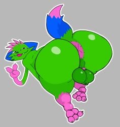 2025 3_fingers 3_toes anthro anus ass backsack balls big_butt black_nose blue_ears blue_tail cheek_tuft claws dipstick_tail domestic_cat don't_touch_my_pizza_(meme) english_description facial_tuft fangs feet felid feline felis fingers fur genitals gesture gloves_(marking) green_body green_fur grey_background hand_gesture kevin_(nyanwolf) leg_markings looking_back male male_only mammal markings meme nyanwolf ogilenuj outline perineum pink_anus pink_markings rear_view scrotum_flap simple_background socks_(marking) solo sparklefur tail tail_markings teeth thick_thighs toes tongue tongue_out tuft v_sign white_claws white_outline