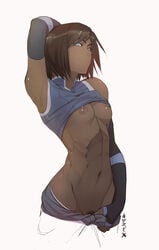 1girls areola arm_up armpits avatar_legends blue_eyes breasts brown_hair clothing dark-skinned_female dark_areolae dark_nipples dark_skin elbow_gloves female female_only fingerless_gloves fit hourglass_figure human kitsunebi-x korra looking_at_viewer medium_breasts navel nipples pants_pull pubic_hair shirt_lift short_hair small_breasts smile solo stomach straight_hair the_avatar the_legend_of_korra toned upper_body vashperado water_tribe