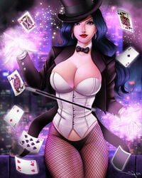 big_breasts black_hair breasts card clothing corset dc dc_comics female female_only fishnets handwear human iury_padilha lipstick magic magician outerwear pale_skin pantyhose red_lipstick solo straight_hair tailcoat top_hat wand zatanna zatanna_zatara