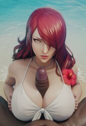 1boy 1girls 3d ai_generated beach beach_background big_breasts bikini breasts dark-skinned_male female flower generalbutch_(style) huge_breasts interracial kirijou_mitsuru large_breasts light-skinned_female long_hair male mitsuru_kirijo paizuri paizuri_under_clothes persona persona_3 persona_3_reload red_hair sodaglow_artist swimsuit tagme titfuck titfuck_under_clothes titjob uncensored white_bikini
