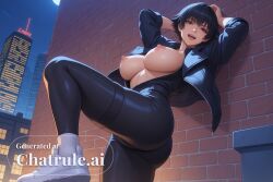 1girl absurd_res ai_assisted ai_generated black_clothing black_hair black_leggings cityscape devil_may_cry devious_grin first_person_perspective green_eyes hand_on_own_hip hands_above_head hard_nipples heterochromia hood_up lady_(devil_may_cry) large_breasts lustful night open_mouth perfect_ass posing_for_viewer red_eyes seductive short_hair source_anime standing tight_clothing white_socks