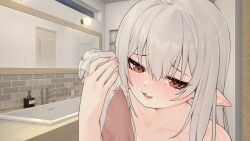animated animated bathroom blush bow bow_panties character_request close-up collarbone faucet female furrowed_brow grey_hair half-closed_eyes handjob handjob_over_clothes highres indoors long_hair looking_at_viewer looping_animation mirror naughty_face niliu_chahui nose_blush nude oerba_yun_fang open_mouth original panties panties_on_penis parted_lips penis pink_nails pointy_ears pov red_eyes sink skin_fang smile soap_bottle uncensored underwear unworn_panties upper_body veins veiny_penis