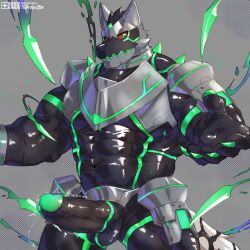 1:1 abs absurd_res anthro armor balls canid canine canis domestic_dog english_text erection genitals green_eyes hi_res husky lifewonders live_a_hero male mammal monomasa monsterplus muscular muscular_anthro muscular_male nordic_sled_dog pecs penis red_sclera solo spitz supervillain text