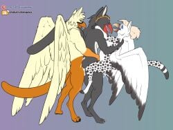 4_toes absurd_res anthro avian beak bird bisexual bisexual_sandwich black_body black_feathers bodily_fluids crested_penguin cum eyewear feathered_wings feathers feet felid female genital_fluids glasses group group_sex gryphon hi_res hybrid ilrys_kadiatu kellie_(tenpoundhammer) male male/female male/male mammal myna_(bird) mythological_avian mythological_creature mythology open_beak open_mouth pantherine penguin rockhopper_penguin sandwich_position sex snow_leopard standing toes trio victor_(tenpoundhammer) white_body white_feathers wings xoloitz yellow_body yellow_feathers
