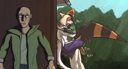 ambiguous_penetration anon_(snoot_game) anthro anthro_on_anthro anthro_penetrated anthro_penetrating anthro_penetrating_anthro bald biped blonde_hair blush bone_frill bottomwear brown_body brown_hair brown_scales caught_in_the_act cavemanon_studios closed_eyes clothed clothed_anthro clothed_female clothed_human clothed_male clothed_sex clothing colored day denim denim_bottomwear denim_clothing dinosaur eyewear female female_penetrated floral_print frill_(anatomy) from_front_position frown glasses goodbye_volcano_high green_clothing green_jacket green_shirt green_topwear group hadrosaurid hair hand_on_wall hi_res human interspecies jacket jeans long_tail looking_at_viewer looking_pleasured male male/female male_penetrating male_penetrating_female mammal markings medium_hair multicolored_body multicolored_scales naomi_(gvh) naser_(gvh) obscured_penetration open_clothing open_jacket open_mouth open_topwear orange_body orange_scales ornithischian ornithopod outside outside_sex pants parasaurolophus penetration plant plap_(sound) prehistoric_species pterodactylus pterosaur reptile scales scalie sex shirt short_hair short_tail snoot_game spiked_tail spikes spikes_(anatomy) standing standing_sex striped_markings stripes synthawk tail topwear torn_clothing tree trio two_tone_body two_tone_scales white_body white_scales wide_eyed wings