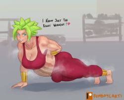 arm_behind_back balls barefoot blue_eyes breasts bulge dragon_ball dragon_ball_super english_text erection exercising female femboycarti futanari green_hair grey_background gym highres intersex kefla large_breasts large_penis looking_at_viewer muscular muscular_female penis push-ups saiyan smile steam steaming_body super_saiyan testicles toes