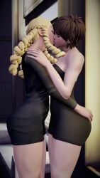 3d adnarimydeth blonde_hair brown_hair busty capcom dress drill_hair female female_focus female_only hourglass_figure karin_kanzuki long_hair pixie_cut sakura_kasugano street_fighter street_fighter_v wide_hips yuri