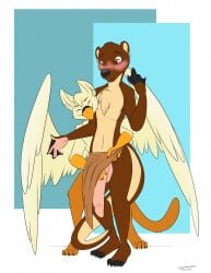 4_toes 5_fingers 5_toes anthro avian beak big_penis black_fingers blue_background blush bottomwear brown_body brown_fur chest_tuft clothing ear_piercing ear_ring feathered_wings feathers feet fingers freddie_(tenpoundhammer) fur genitals grin gryphon hand_under_clothing hi_res ilrys_kadiatu loincloth male male/male mammal membrane_(anatomy) mustelid mythological_avian mythological_creature mythology otter penis penis_grab piercing pmoss ring_piercing simple_background skinny smile tan_body tan_fur toes tuft webbed_hands white_body white_feathers wings