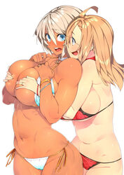 2girls abs bikini blonde_hair blue_eyes blush bracelet breasts choker covering covering_breasts covering_nipples dark-skinned_female dark_skin female grey_hair hand_bra highres large_breasts large_breasts_lesbian long_hair muscular_female navel open_mouth original sela_(sela_god) sela_god short_hair side-tie_bikini silver_hair smile standing sweatdrop ursula_(sela_god) wife_and_wife yuri