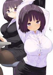 1girls arms_above_head arms_up big_breasts business_suit business_woman busty button_down_shirt curvy cute eyebrows_visible_through_hair female glasses huge_breasts kaisen_chuui large_breasts office_lady pantyhose pencil_skirt purple_eyes purple_hair ready_to_pop short_hair skirt solo stretching