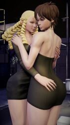 3d adnarimydeth blonde_hair brown_hair busty capcom dress drill_hair female female_focus female_only hourglass_figure karin_kanzuki long_hair pixie_cut sakura_kasugano street_fighter street_fighter_v wide_hips yuri