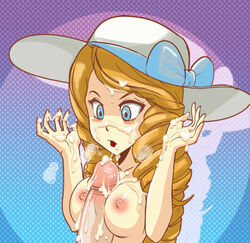 1boy 1girls blue_eyes blush breast_squeeze breasts brown_hair cum cum_between_fingers cum_on_body cum_on_breasts cum_on_fingers cum_on_hand cum_on_hands cum_on_upper_body disembodied_penis drill_hair facial female hat hmage human lady_(pokemon) lady_(pokemon_frlg) large_breasts light-skinned_female light_skin long_hair male nintendo nipples npc_trainer paizuri penis penis_between_breasts pokemon pokemon_frlg sole_female straight sun_hat twin_drills