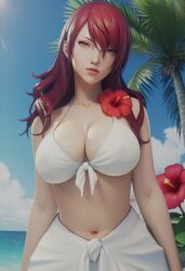 1girls 3d ai_generated beach beach_background big_breasts bikini breasts female female_focus female_only huge_breasts kirijou_mitsuru light-skinned_female light_skin long_hair mitsuru_kirijo persona persona_3 persona_3_reload red_hair sodaglow_artist solo_female swimsuit thick_body white_bikini