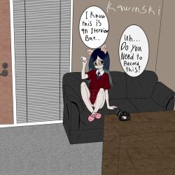 1:1 anthro camera cartoon_hangover casting_couch claire_(the_summoning) clothed clothing english_text felid feline female furniture hi_res kawinski mammal partially_clothed solo speech_bubble text the_summoning
