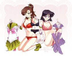 1990s_(style) 2girls adult_swim alluring bishoujo_senshi_sailor_moon bishoujo_senshi_sailor_moon_r bishoujo_senshi_sailor_moon_r_the_movie bishoujo_senshi_sailor_moon_s bishoujo_senshi_sailor_moon_s_the_movie bishoujo_senshi_sailor_moon_supers bishoujo_senshi_sailor_moon_supers_the_movie black_hair blush boots bow bow_panties bra brooch brown_bow brown_hair choker clothes_hanger collarbone cosplay earrings elbow_gloves eyelashes gloves green_boots green_eyes green_skirt groin hair_bobbles hair_ornament heart heart_brooch high_heels hotaru_tomoe jewelry kino_makoto kjur knee_boots kneel lingerie looking_at_viewer makoto_kino multiple_girls navel panties pink_bow pink_bra pink_panties ponytail purple_eyes red_bra red_panties retro_artstyle sailor_jupiter sailor_saturn shoes sitting skirt smile star_brooch tiara toei_animation tomoe_hotaru toonami underwear underwear_only viz_media watermark web_address white_gloves