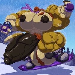 5_fingers abs absurd_res anthro areola ball_tuft balls barazoku biceps big_balls big_muscles big_nipples big_pecs big_penis biped black_areola black_glans black_nipples black_nose black_pawpads black_penis bobert boots brown_armpit_hair brown_body brown_fur brown_hair brown_pubes calf_muscles claws clock closed_smile clothing countershade_face countershade_fur countershade_torso countershading day detailed_background digital_drawing_(artwork) digital_media_(artwork) dipstick_tail erection finger_claws fingerless_gloves fingerpads fingers footwear forearm_muscles foreskin full-length_portrait fur genitals glans gloves gloves_(marking) grin hair hair_over_eyes handwear headgear headwear hi_res huge_balls huge_cock huge_muscles huge_nipples huge_pecs humanoid_genitalia humanoid_hands humanoid_penis hyper hyper_balls hyper_genitalia hyper_muscles hyper_pecs hyper_penis long_hair male male_anthro mammal markings mostly_nude mostly_nude_anthro mostly_nude_male mouth_closed muscular muscular_anthro muscular_arms muscular_male muscular_thighs mustelid nipples otter outdoor_nudity outside pattern_clothing pattern_scarf pawpads pecs penis plant portrait pubes purple_clothing purple_gloves purple_handwear purple_headwear purple_scarf quads raised_arm retracted_foreskin scarf shaded shaft_divide shoes sky smile snow snowboard snowboarding snowing solo steve_(bobert) striped_clothing striped_scarf stripes tail tail_markings teeth thick_penis trapezius tree triceps tuft vein veiny_penis watch white_claws white_finger_claws wristwatch
