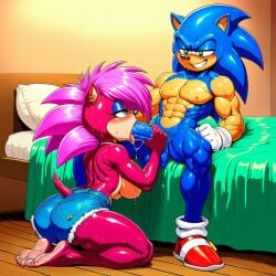 ai_generated bed bedroom blowing blowjob blue_fur brother_and_sister denim incest incest_(lore) looking_at_another magenta_fur on_bed on_knees pink_hair shorts siblings smirk sonia_the_hedgehog sonic_(series) sonic_the_hedgehog sonic_the_hedgehog_(series) sonic_underground stroking sucking_penis tongue_out_blowjob topless
