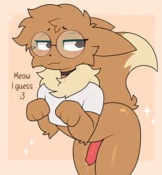 animal_genitalia animal_penis anthro blush bodily_fluids bottomless brown_body brown_eyes brown_fur butt canine_genitalia canine_penis cheek_tuft choker clothed clothing crop_top digital_drawing_(artwork) digital_media_(artwork) eevee english_text eyelashes eyewear facial_tuft femboy fur generation_1_pokemon genital_fluids genitals glasses glistening glistening_butt hair half-closed_eyes hi_res jewelry looking_away male narrowed_eyes necklace nintendo ohalphabetboyy penis pokemon pokemon_(species) precum round_glasses shirt short_hair smile solo tail text topwear tuft wearing_glasses white_clothing white_crop_top white_topwear