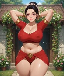 1girls ai_assisted ai_generated arms_behind_head backyard bangle belly_button bindi black_hair blouse buckle child_bearing_hips cleavage earrings eyelashes female flower_in_hair flower_pot gold_trim greenery grok hair_bun hair_strand hourglass_figure house house_background indian indian_clothes indian_female large_breasts light-skinned_female lipstick midriff nipple_bulge nipples_visible_through_clothing outdoors pink_eyes red_clothing rgomez007 seductive_look self_upload short_sleeves skirt_aside smiling_at_viewer solo_female stable_diffusion standing thatched_roof thick_thighs traditional_clothes updo voluptuous warm_lighting wide_hips