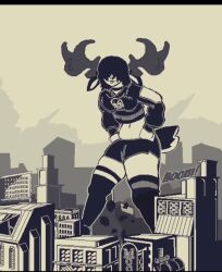 1girls antlers black_hair black_hair_female building buildings city dancing female female_focus female_only giantess helmsmall light-skinned_female light_skin medium_breasts midriff midriff_baring_shirt original solo solo_female solo_focus someone_else's_oc tagme thick_thighs thighs video
