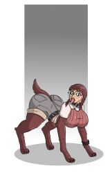 1girls all_fours collar collar_tag female female_only fully_clothed glasses green_eyes leather_collar open_mouth petplay png shorts sternenschauer tagme tongue tongue_out