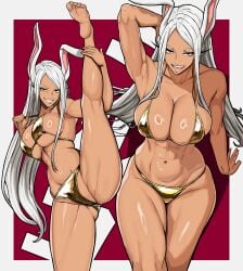 1girls abs absurdres artist_request big_breasts boku_no_hero_academia cleavage collarbone commentary dark-skinned_female dark_skin english_commentary feet gold_bikini golden_bikini highres large_breasts long_eyelashes long_hair looking_at_viewer mikey_pie mirko miruko multiple_views muscular muscular_arms muscular_female my_hero_academia navel one_leg_raised one_leg_up open_mouth parted_bangs rabbit_ears rabbit_girl red_eyes sidelocks smile soles solo split standing standing_on_one_leg standing_split stomach strap_pull swimsuit thick_thighs thighs toes toned toned_female very_long_hair white_border white_hair