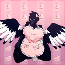 1futa animal_genitalia animal_penis anthro apron avian beak bird black_feathers bottomless_skirt breasts cake equine_penis erection erection_under_clothes erection_under_skirt feathers food furry futa_only futanari hairbow horsecock huge_breasts intersex kerothestrange looking_at_viewer magpie mattie_(thatwhichji) naked_apron no_panties overweight overweight_futanari penis penis_out penis_under_clothes penis_under_skirt skirt skirt_lift smile solo thick_thighs uncensored wide_hips wings