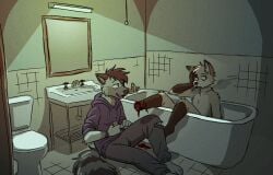 amputated_leg amputation amputee anthro bandage bathroom bathtub blood bodily_fluids bottomwear canid canine casual_amputation cigarette cigarette_in_mouth cigarette_smoke clothed clothing disability diy_amputation duo felid feline gore gore_focus grey_bottomwear grey_clothing grey_pants hi_res holding_head holding_object hoodie male male/male mammal mirror nude nude_anthro nude_male object_in_mouth pants purple_clothing purple_hoodie purple_topwear resting_legs sink sitting sitting_in_bathtub sitting_on_ground smoke smoking smoking_cigarette spudnikmutt tail toilet topwear torn_bottomwear torn_clothing torn_pants