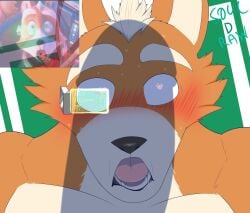 2boys anthro black_nose blush blush_lines facial_tuft fox fox_mccloud fur heart-shaped_pupils illumination_entertainment male male_focus male_only mario_(series) nintendo offscreen_character open_mouth penis penis_shadow saliva shadow soul_d_raws star_fox super_mario_galaxy_(2026_film) surprised surprised_expression surprised_look sweat sweatdrop sweating sweaty